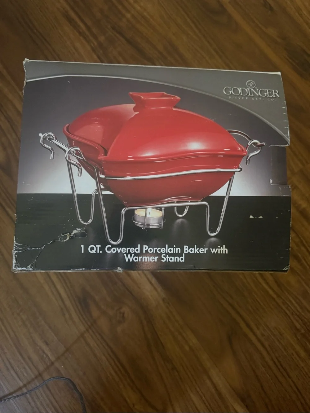 Godinger Red Porcelain Covered Baker with Chrome Warmer Stand